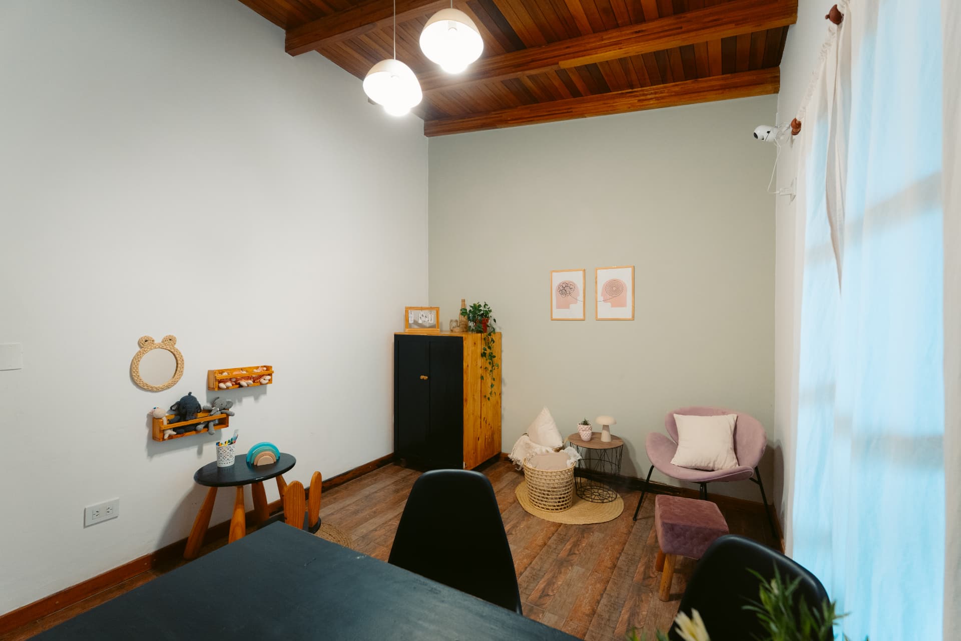 Consultorio de Centro ANPI con escritorio, sillas, sillón rosa, materiales de juego y luz natural bajo un techo de madera.